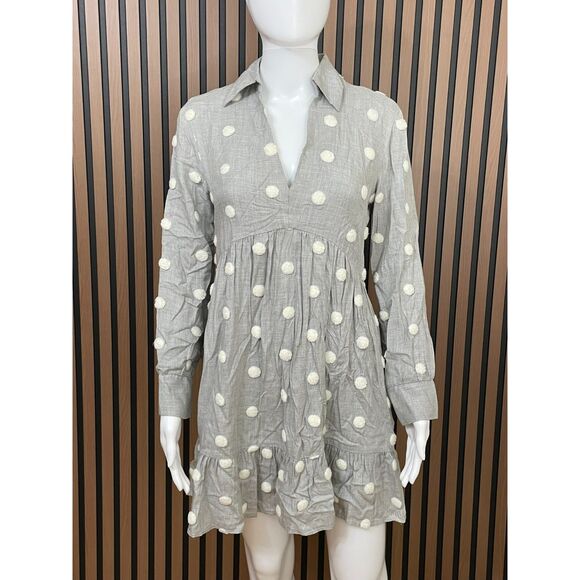 Zara Women's XS Dress Viscose Mini Shirt Ruffle Hem Lined Embroidery Polka Dot - Picture 1 of 12